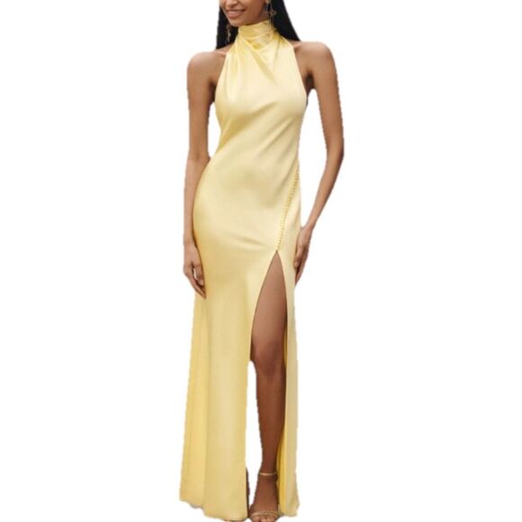 NEW SAU Lee Penelope Satin Gown Maxi Dress in Popcorn Yellow size 10